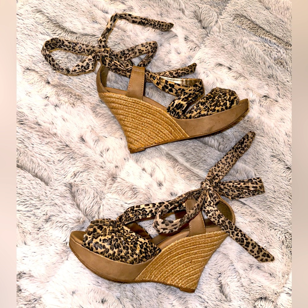 Leopard Cheetah Print Strappy Ankle Tie Wedge Heels